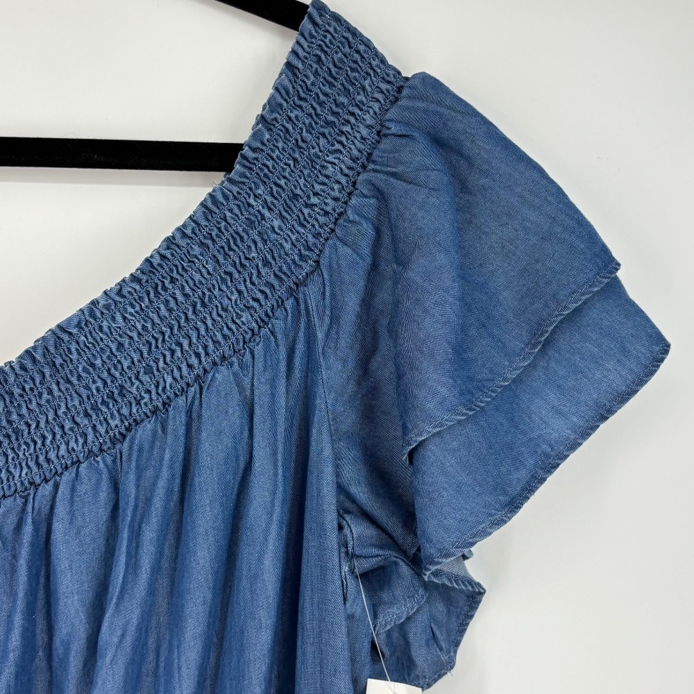 Old Navy Womens XXL Maxi Dress Denim Blue Chambray Off Shoulder Short Sleeves - Picture 3 of 9